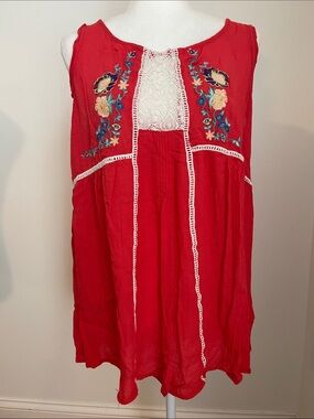 Umgee Red Sleeveless Embroidered red orange Tunic tank with Lace crochet large